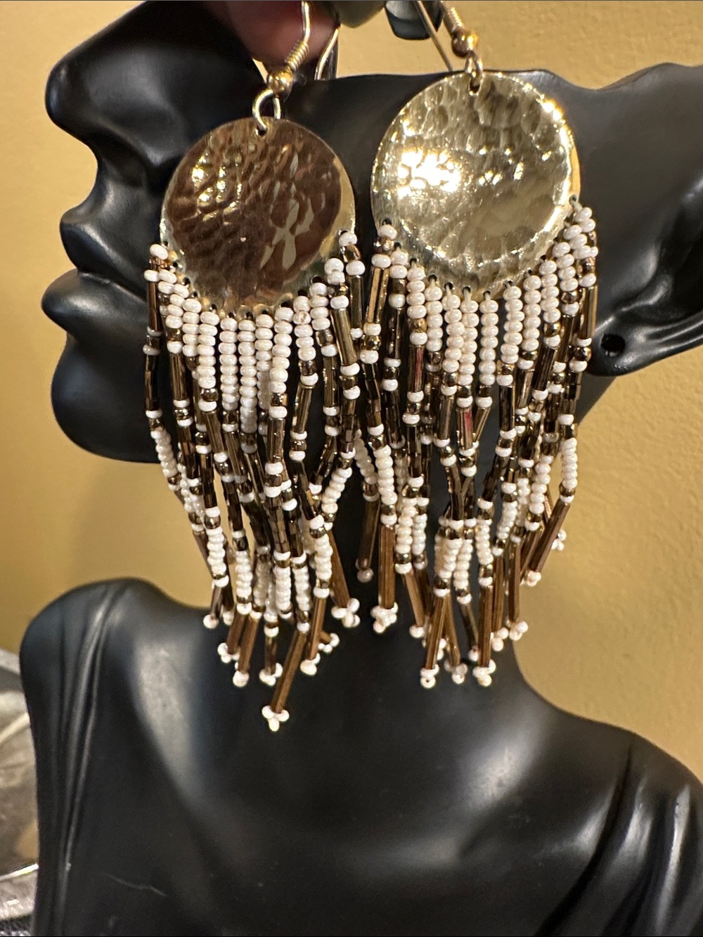 Handmade White and Gold Beaded Fringe Earrings - Women Jewelry